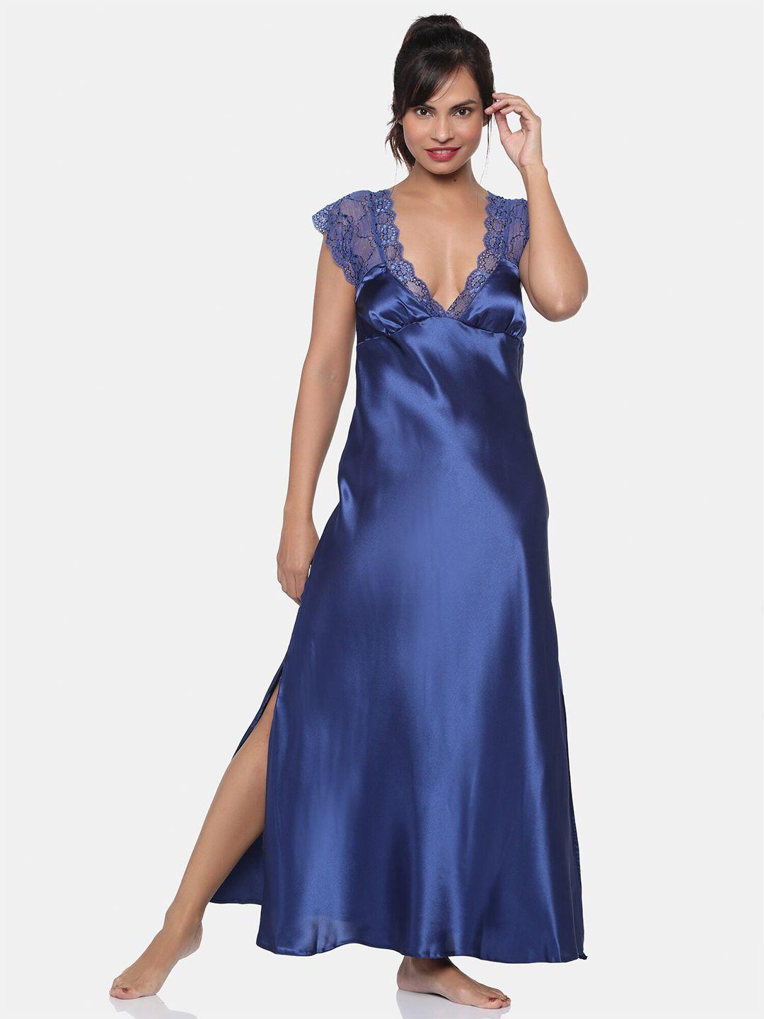miorre blue solid satin lacy nightdress