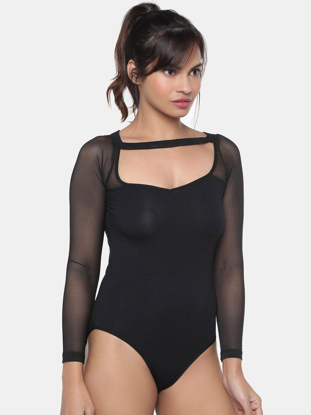 miorre women black solid bodysuit with mesh sleeves