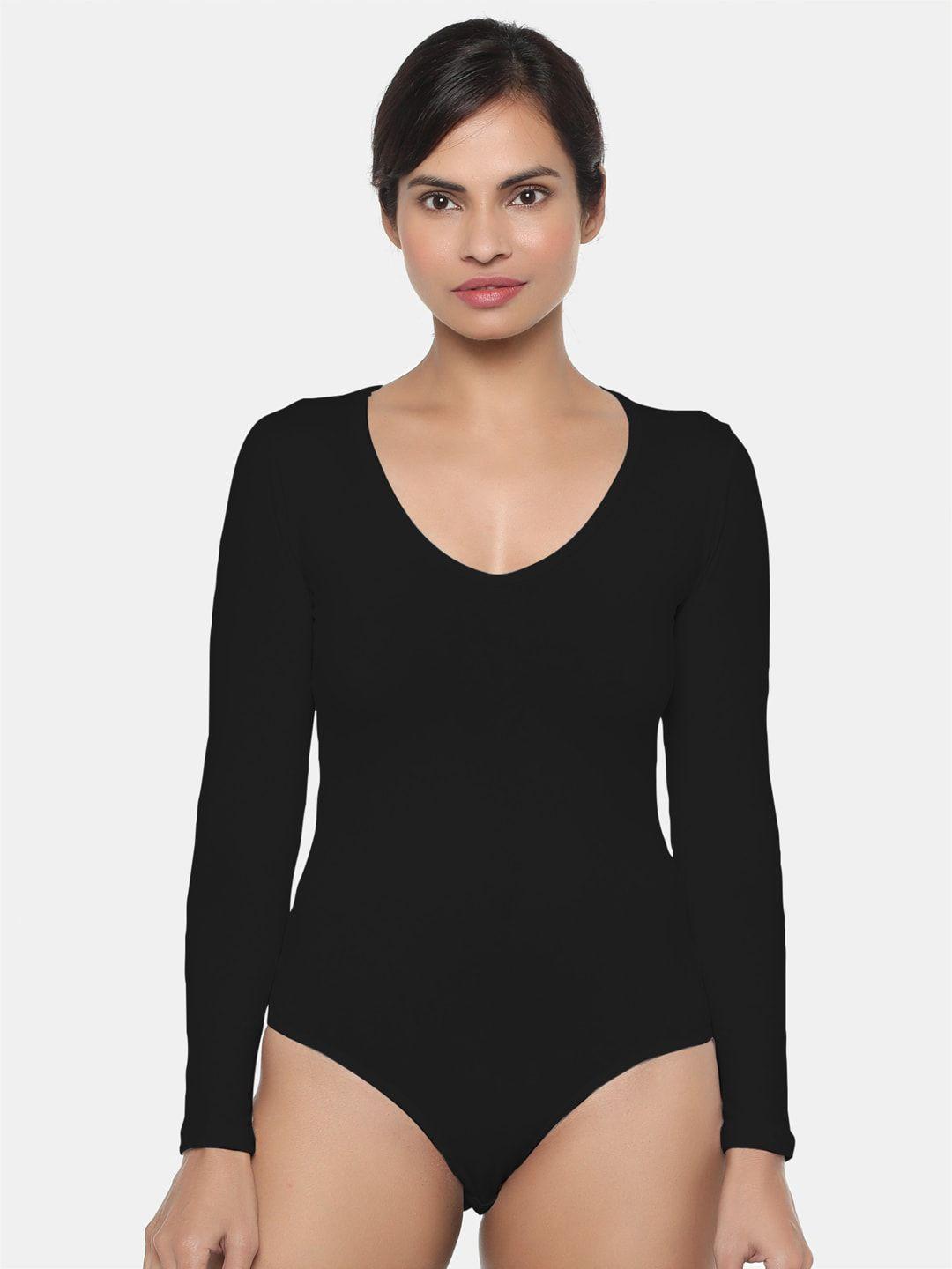 miorre women black solid full sleeves round neck seamless bodysuit