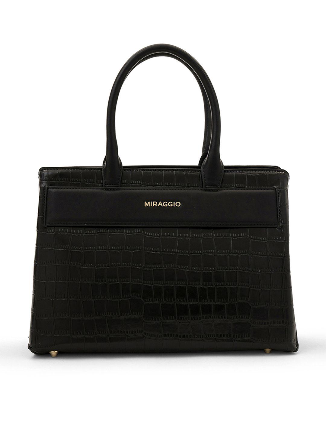 miraggio black croc-textured satchel bag with sling strap