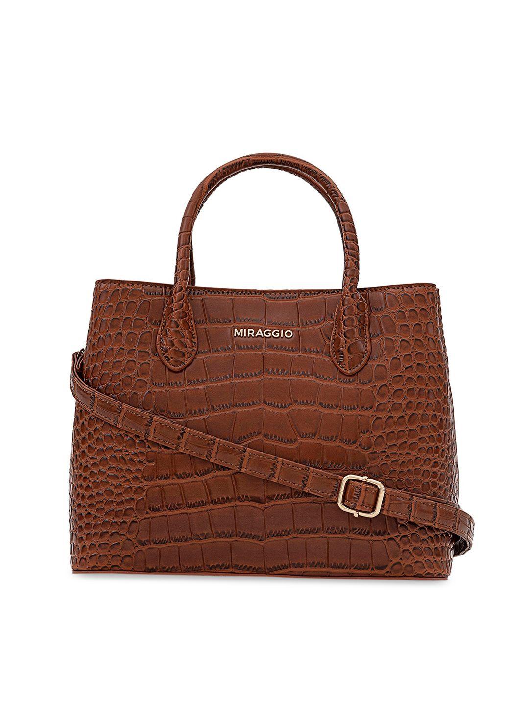 miraggio brown croc-textured handheld bag with top handle