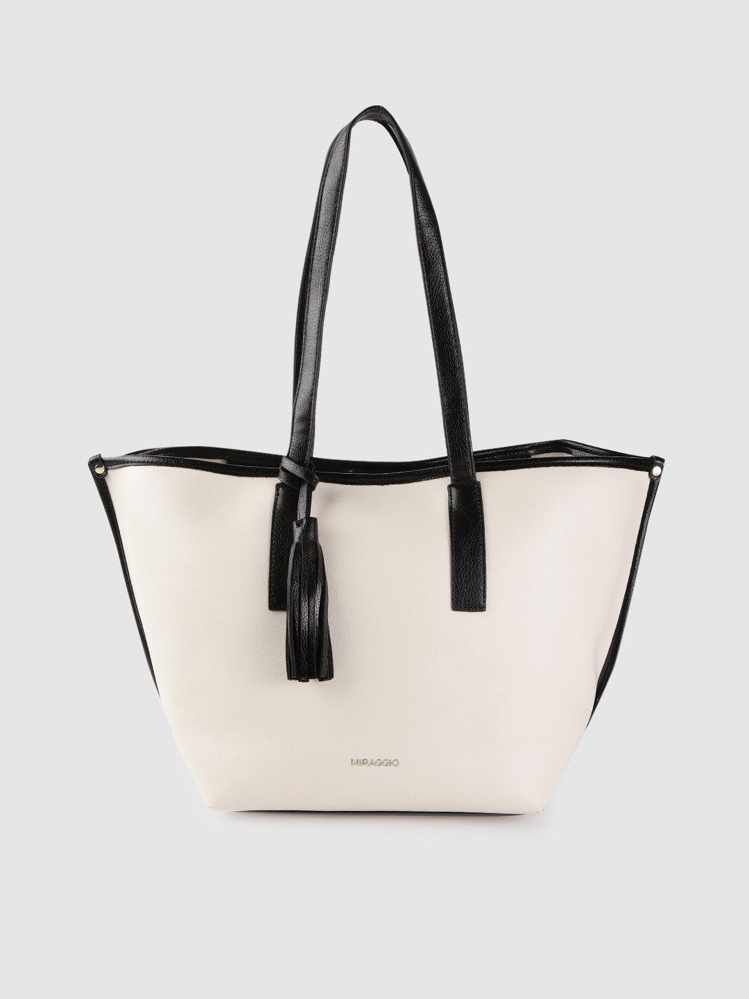 miraggio white & black solid tasselled tote bag