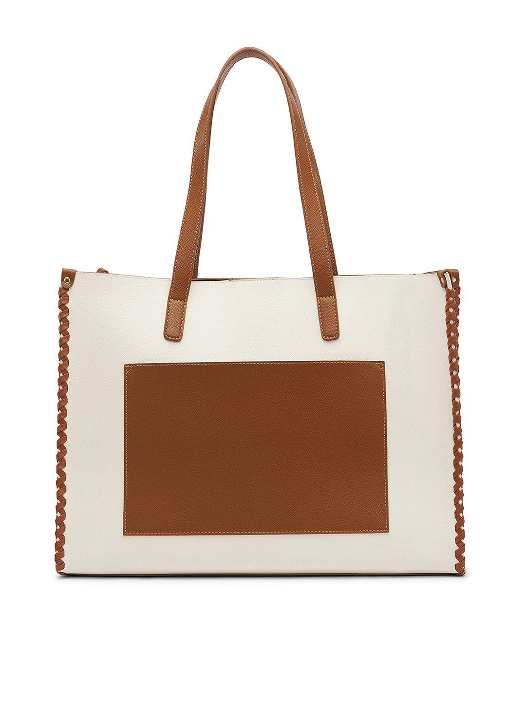 miraggio white & brown large tote bag with front pocket & weave detailing