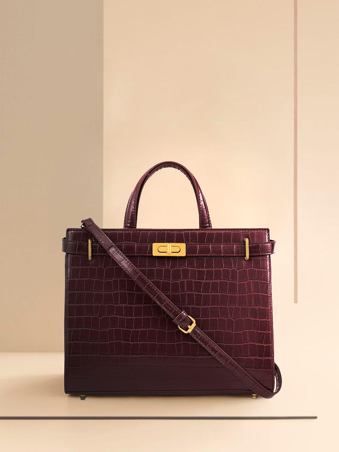 miraggio wine croc-textured structured handbag with top handles