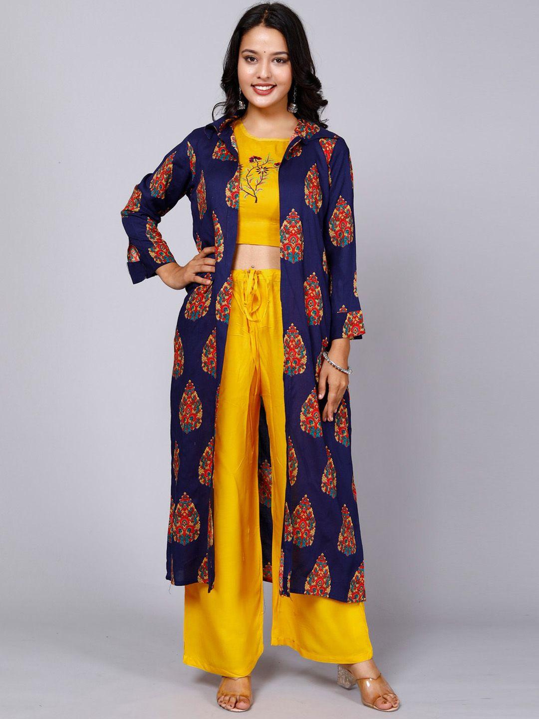 miramaar embroidered top & palazzos with floral printed longline a-line shrug