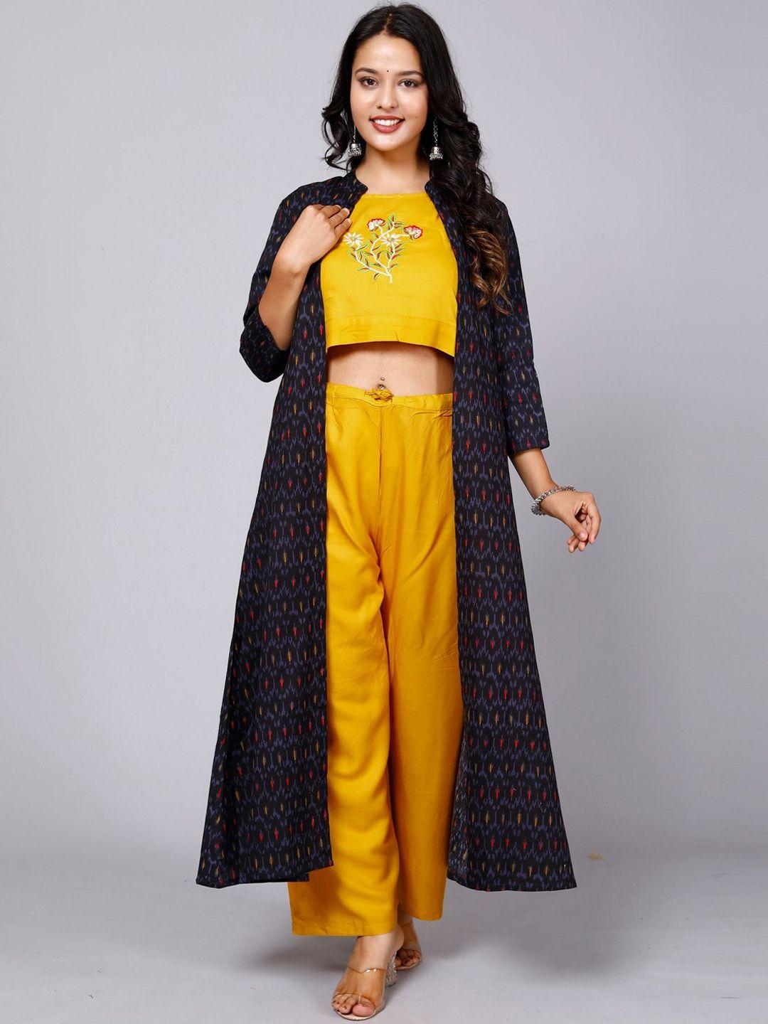 miramaar embroidered top & palazzos with ikat printed longline a-line shrug