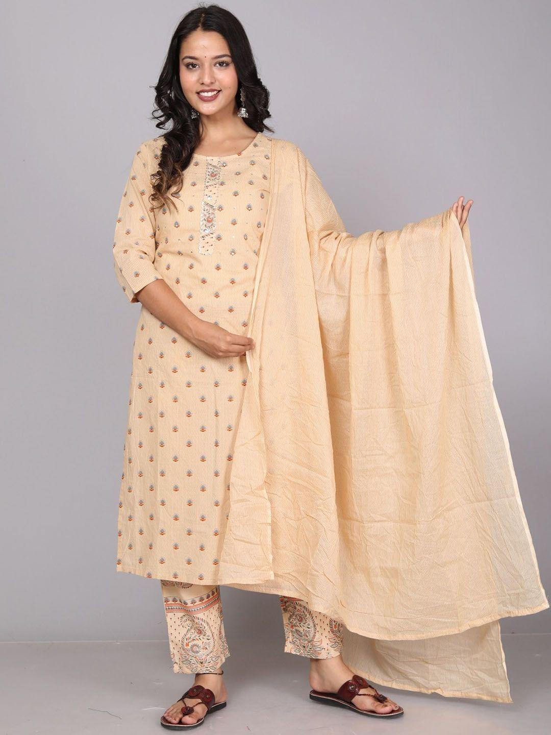 miramaar ethnic motif printed pure cotton straight kurta & trousers with dupatta