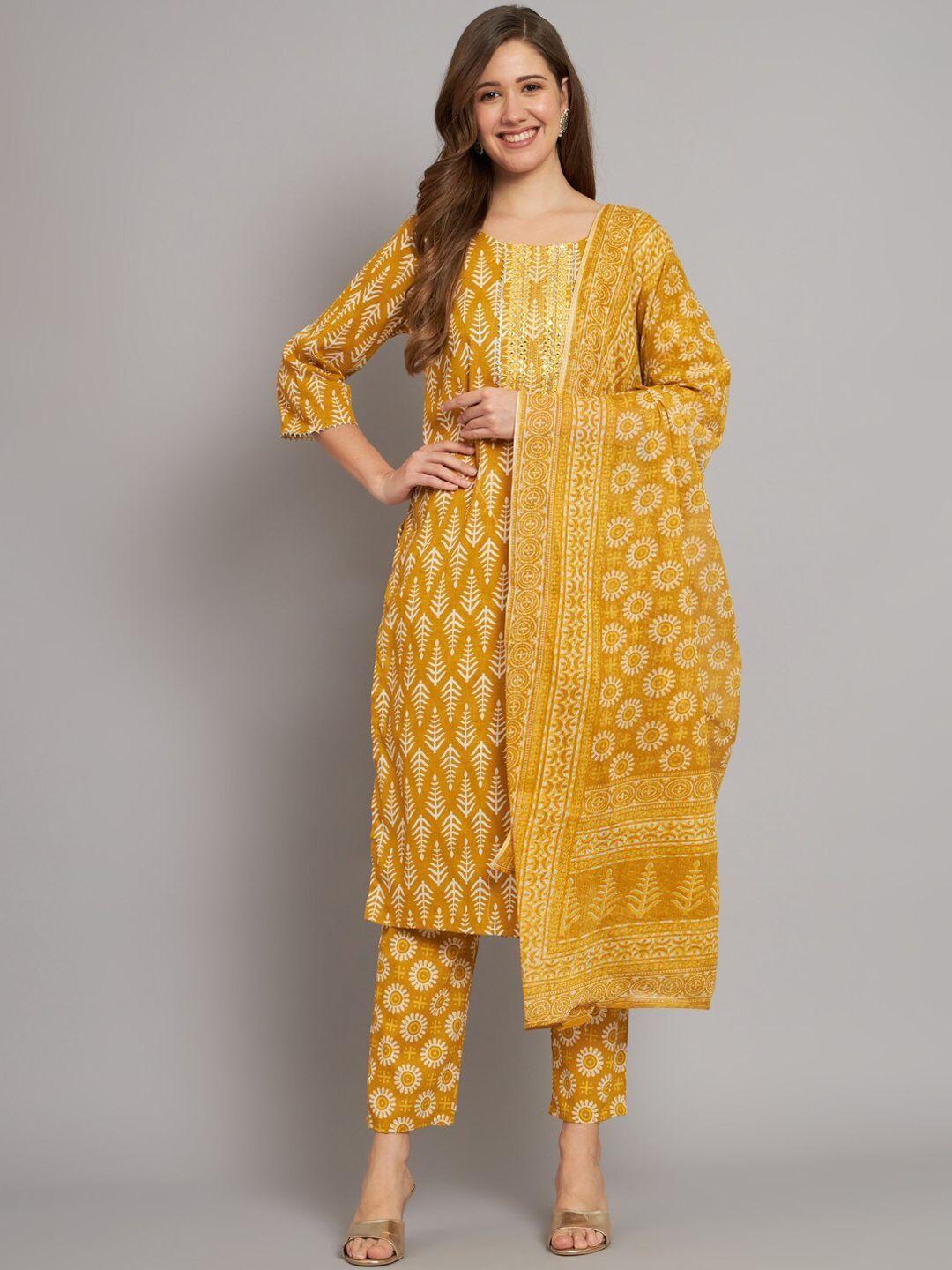 miramaar ethnic motif printed pure cotton straight kurta & trousers with dupatta