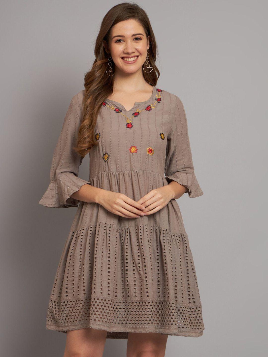 miramaar floral embroidered bell sleeve cotton schiffli a-line ethnic dress