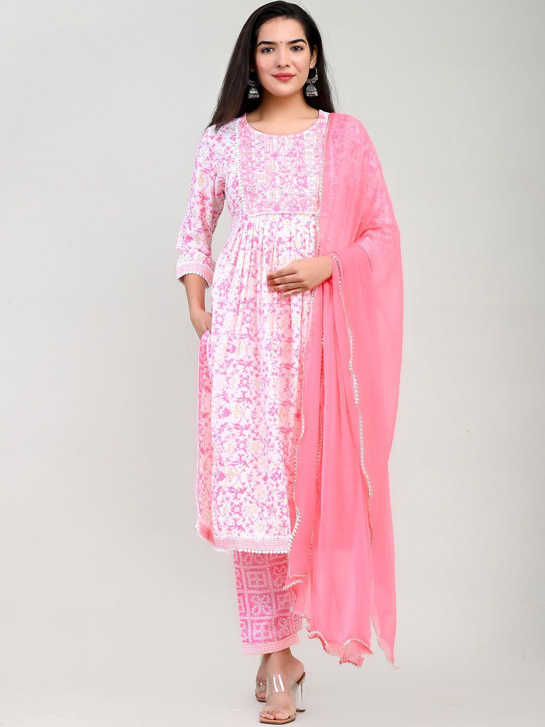 miramaar floral printed empire mirror work kurta with trousers & dupatta