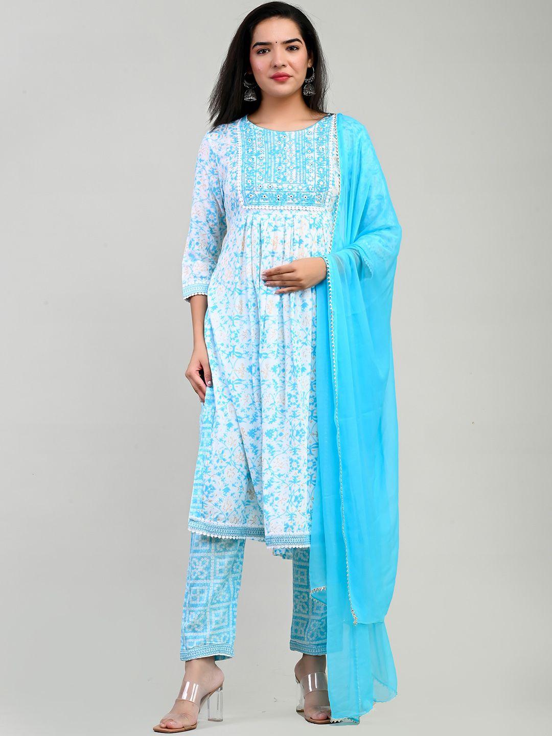 miramaar floral printed mirror work a-line kurta with trousers & dupatta