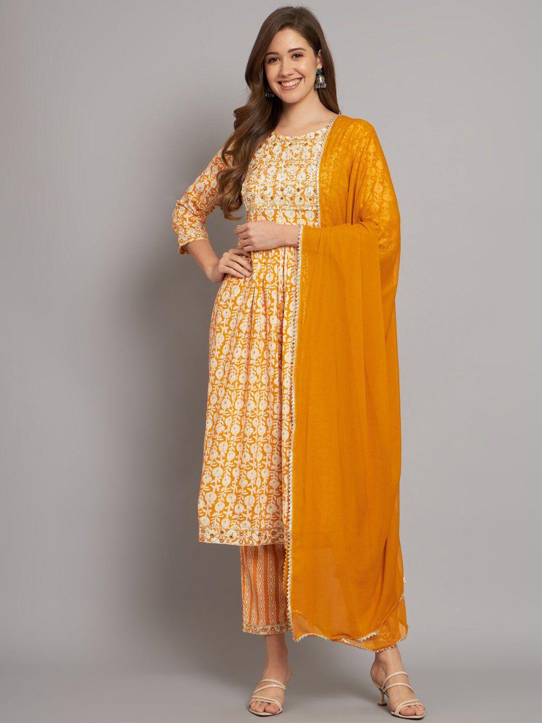 miramaar floral printed regular mirror work kurta with trousers & dupatta