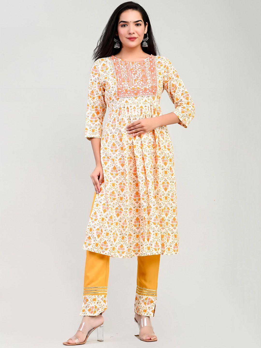 miramaar floral printed regular mirror work straight kurta with trousers