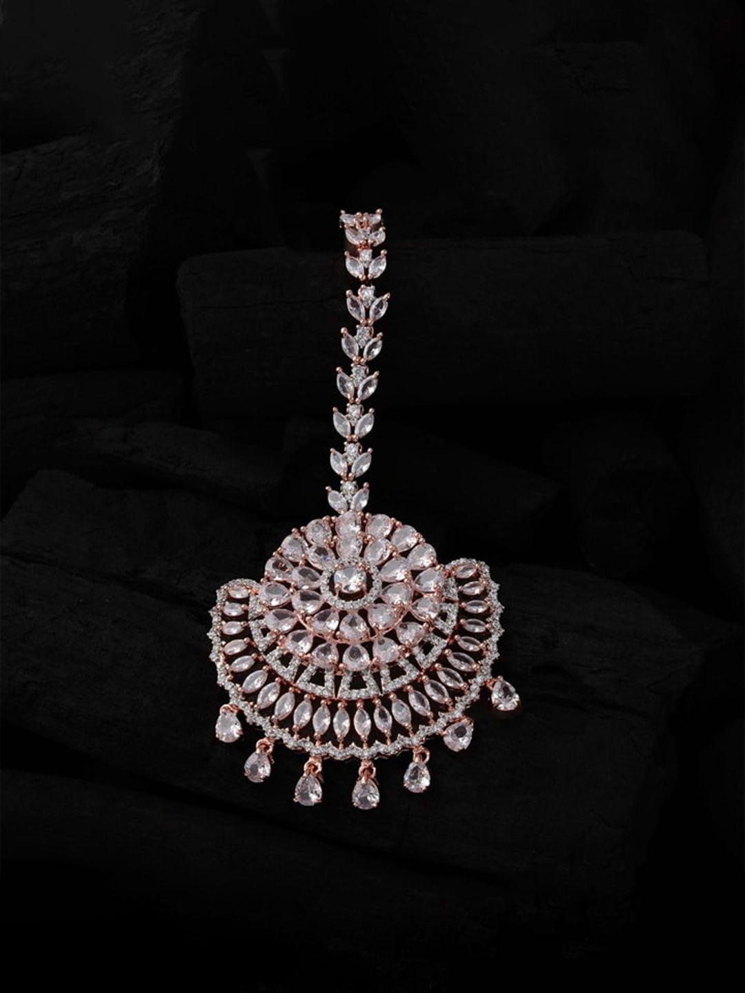 mirana rose gold plated american diamond stone studded maangtika