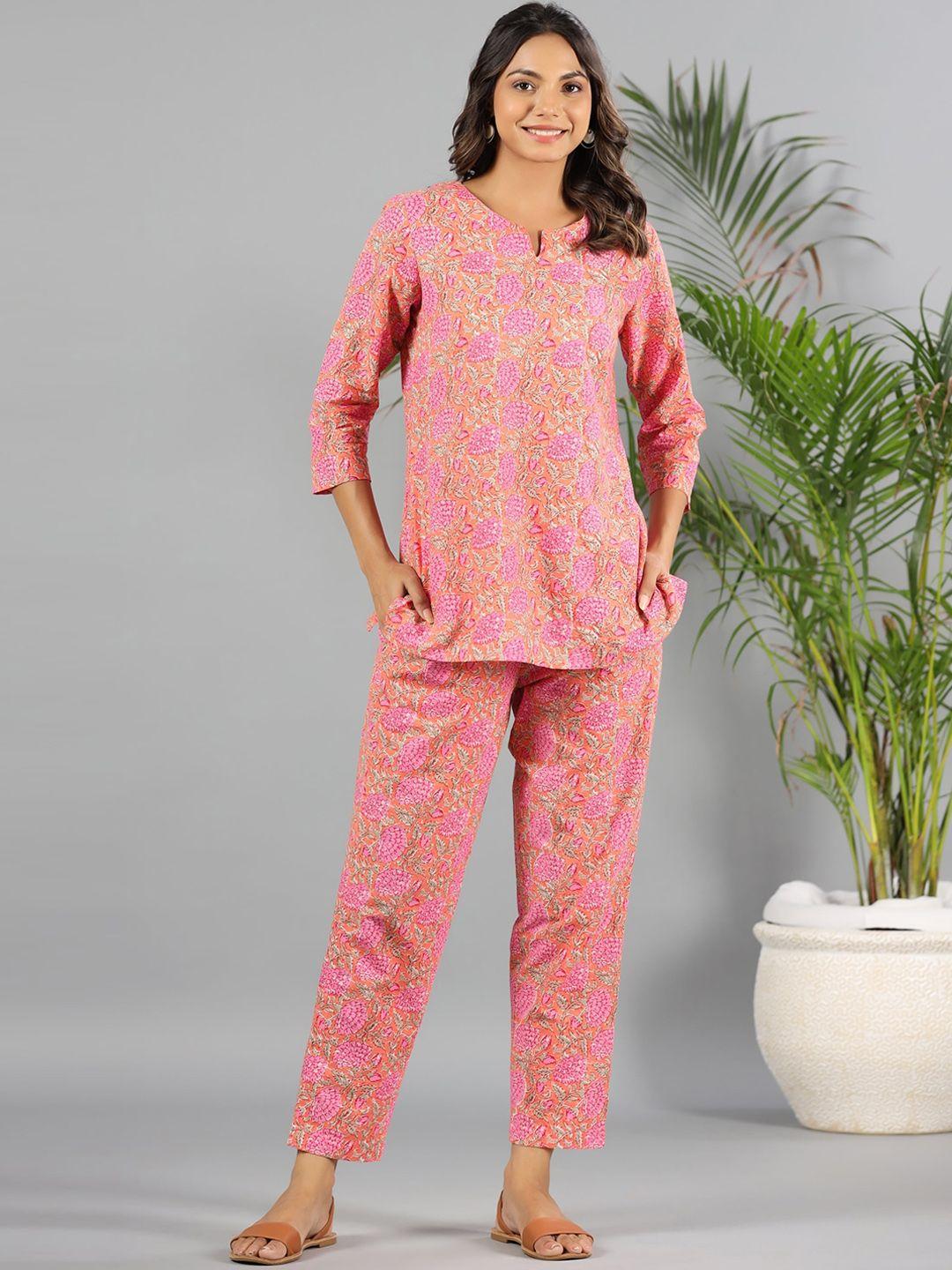 mirari floral printed pure cotton kurti & pyjamas co-ords set