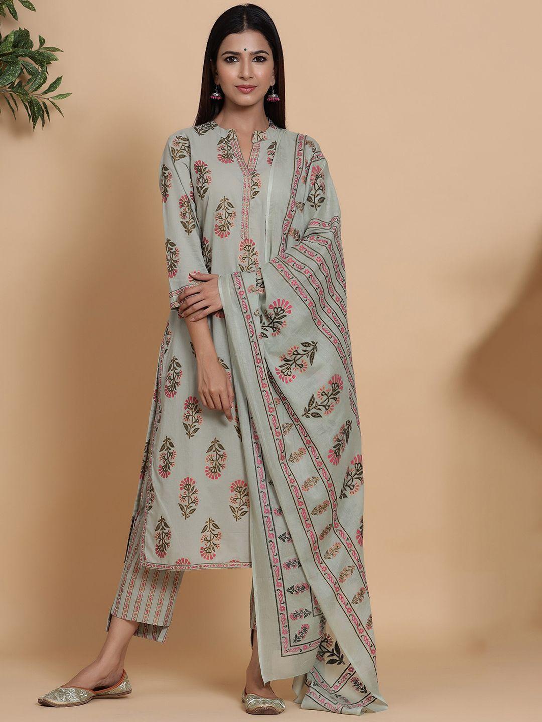 mirari peach-coloured ethnic motifs printed pure cotton kurta with trousers & dupatta