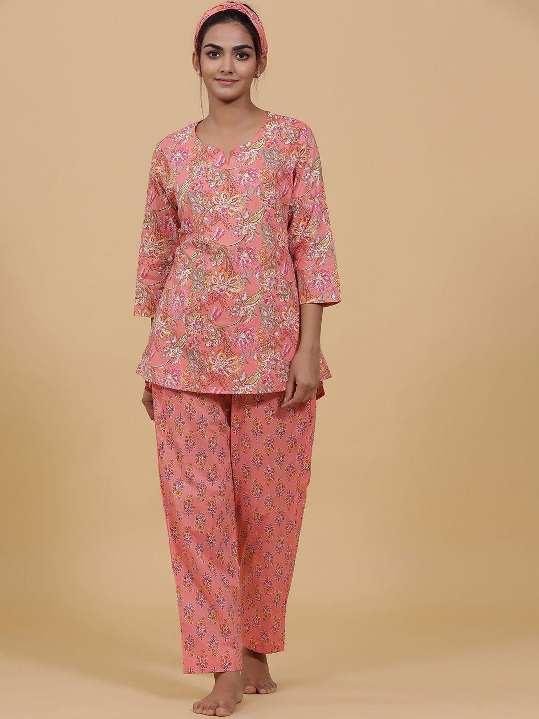 mirari peach-coloured printed pure cotton night suit