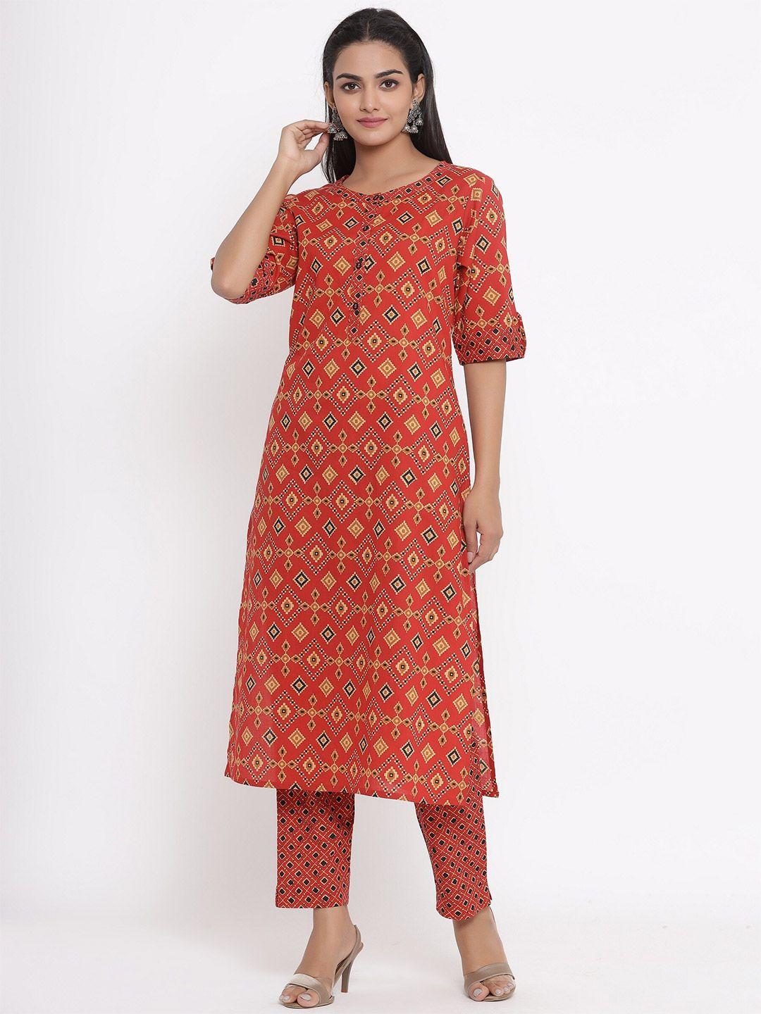mirari women orange floral printed regular pure cotton kurta with trousers