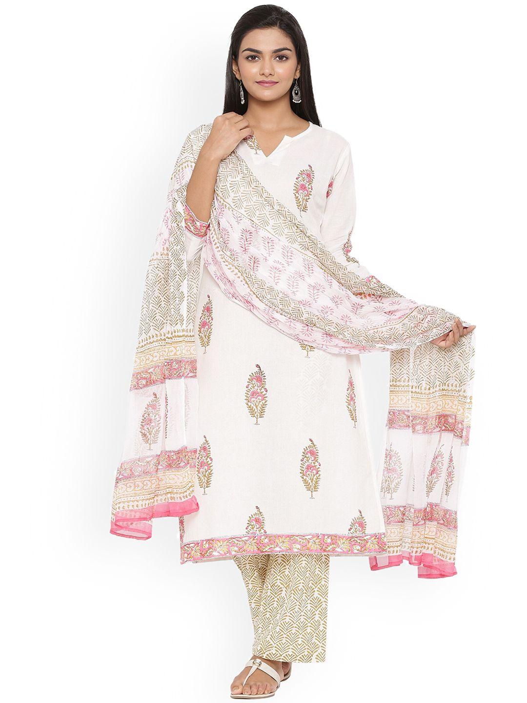 mirari women peach-coloured floral printed empire pure cotton kurti with churidar & with dupatta