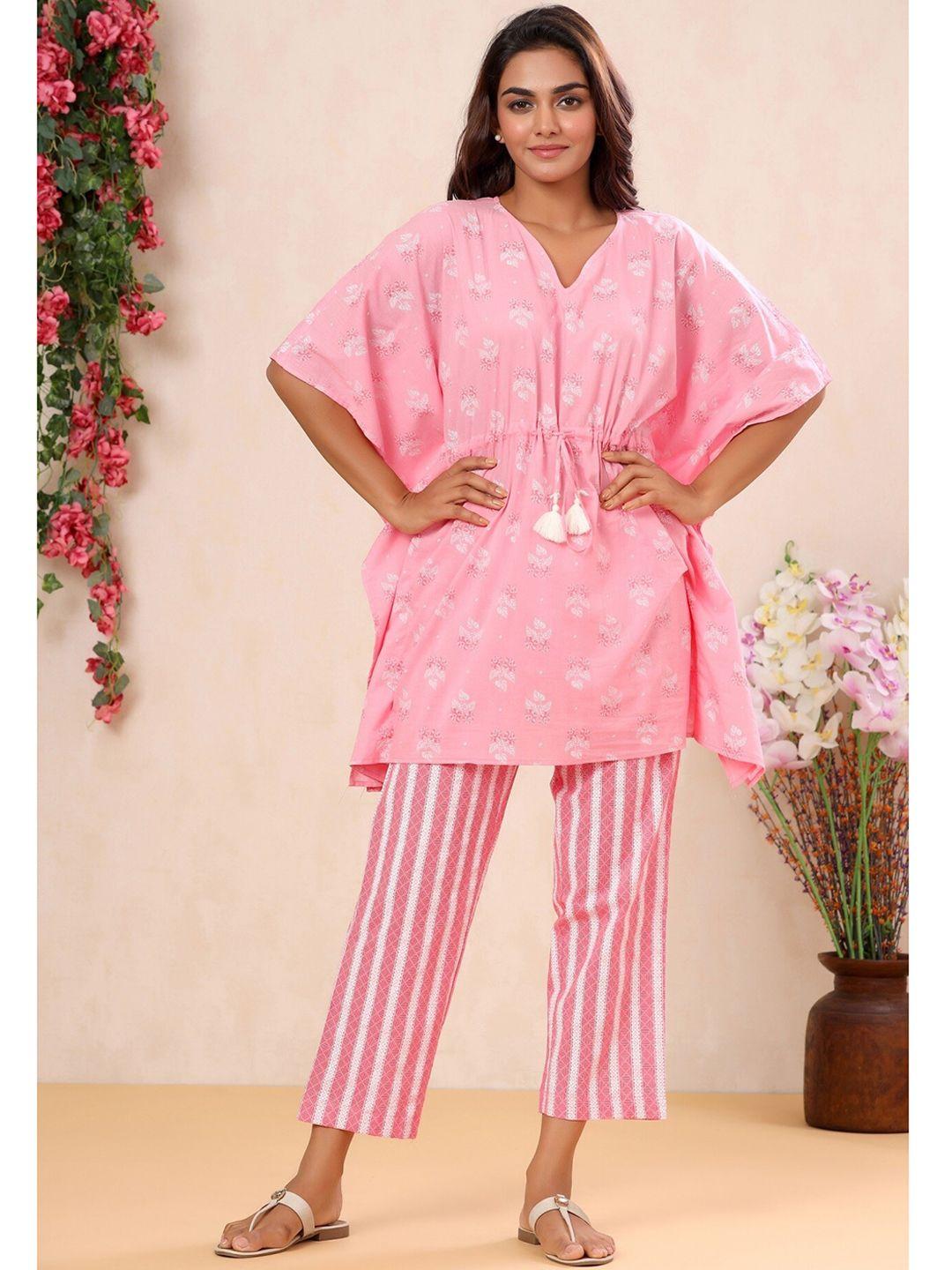 mirari women pink & white printed kaftan top with trousers
