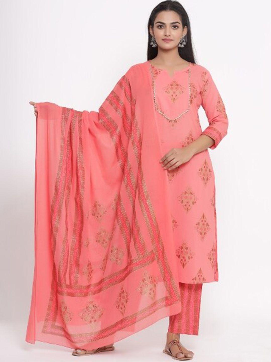 mirari women pink floral embroidered empire pure cotton kurti with trousers & with dupatta