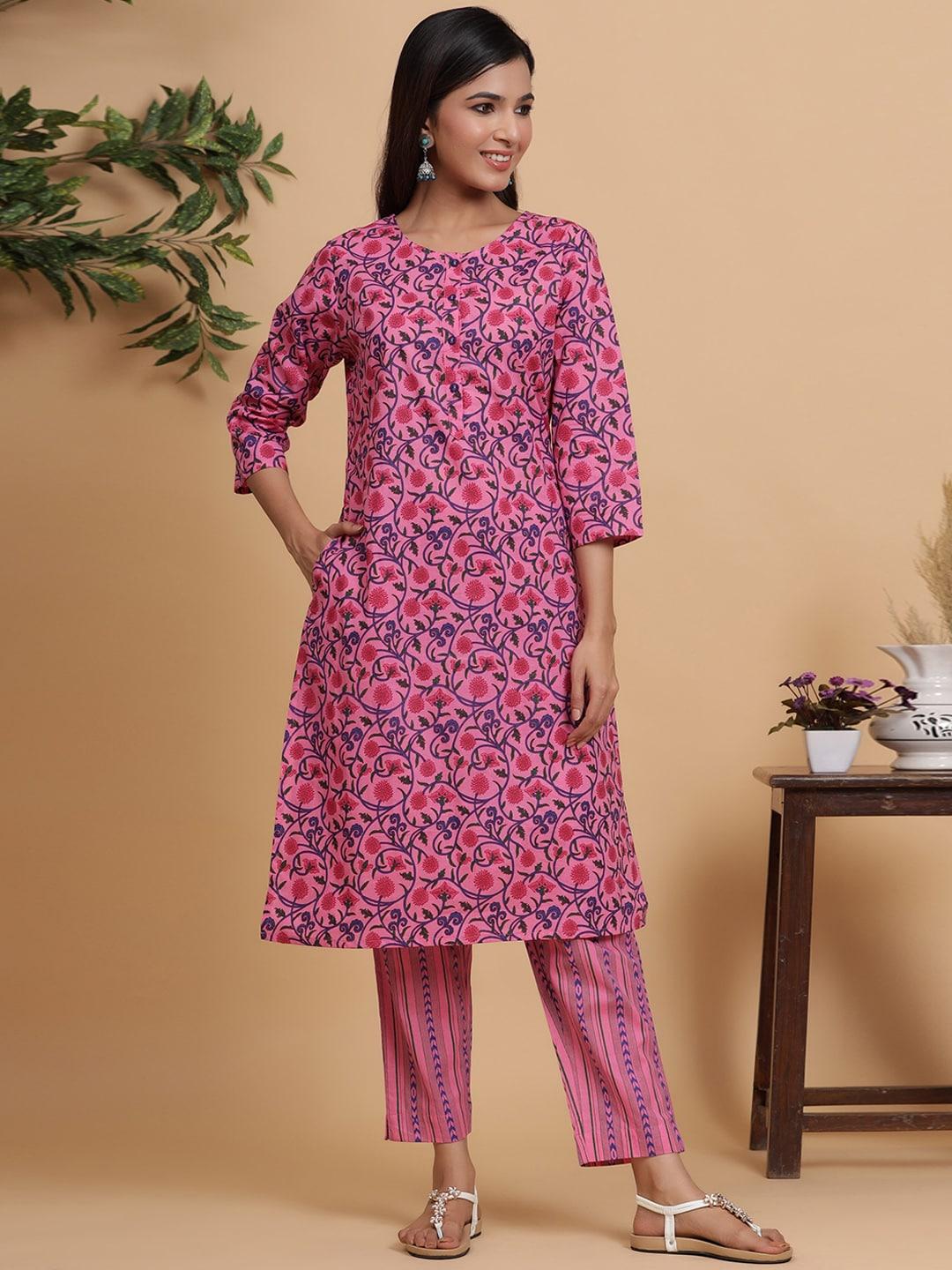 mirari women pink floral printed pure cotton kurta with trouser set