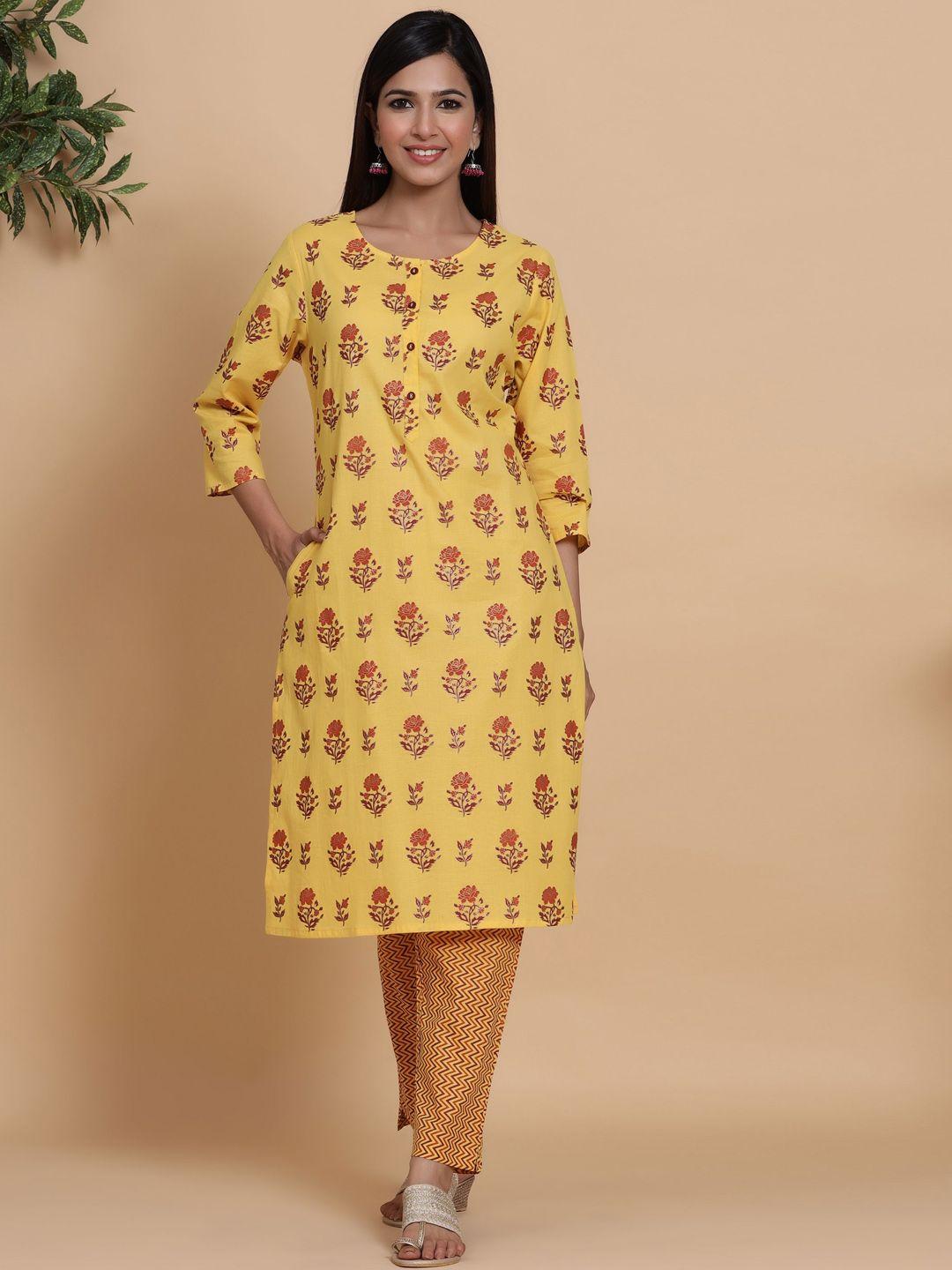 mirari women yellow ethnic motifs printed pure cotton kurta with trousers