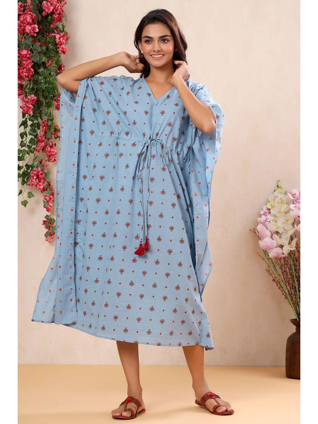 mirari blue printed pure cotton kaftan nightdress mi01-kft-0343_xs-blue
