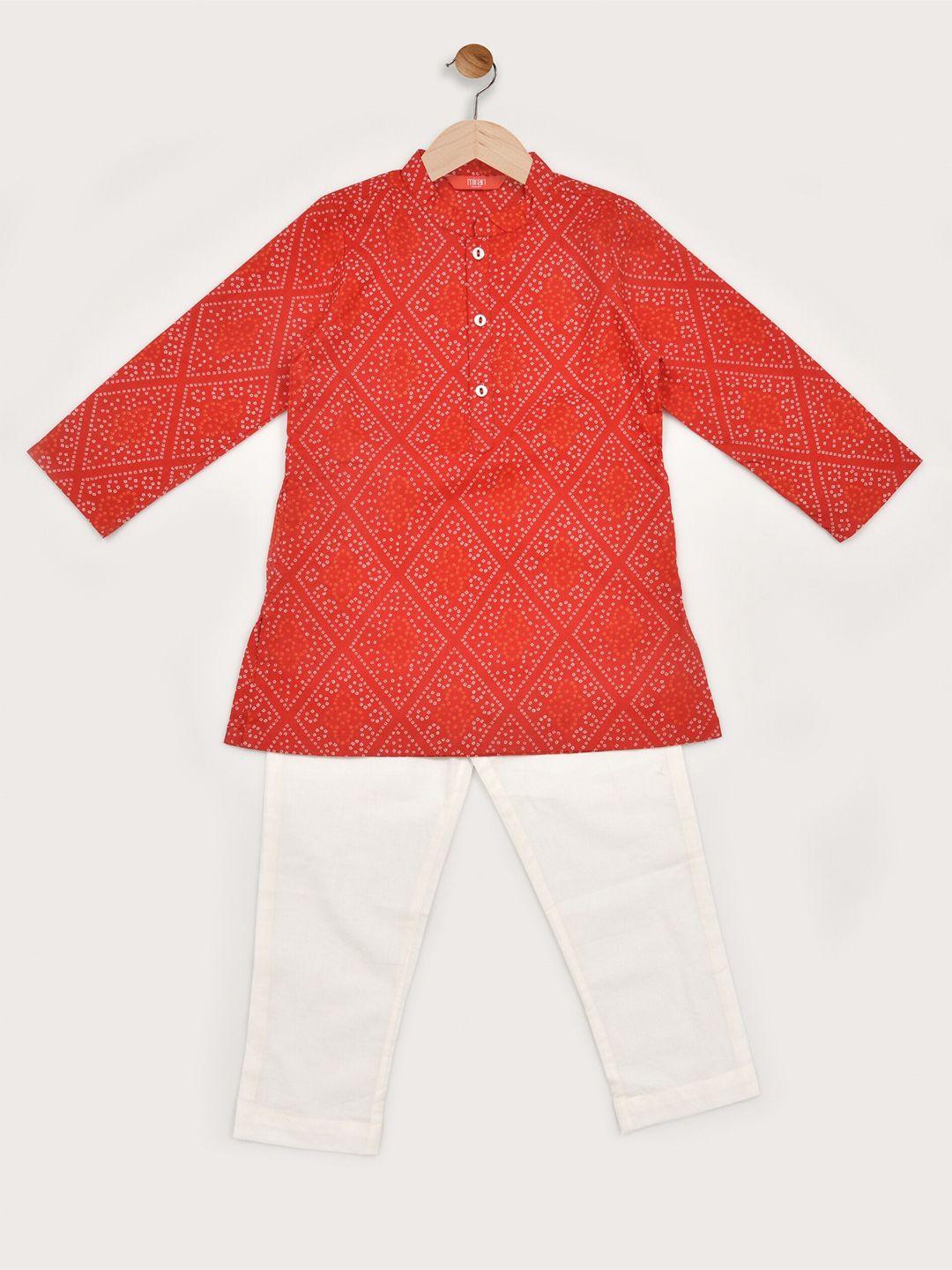 mirari boys bandhani printed mandarin collar pure cotton kurta with pyjamas