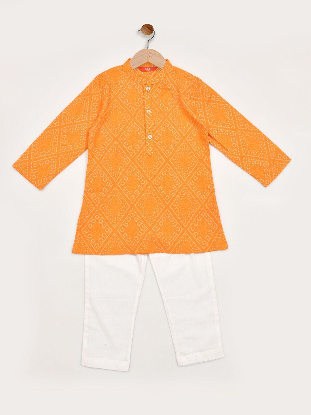 mirari boys orange bandhani printed regular pure cotton kurta with dhoti pants