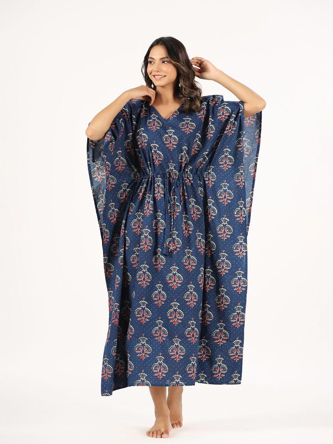 mirari ethnic motif printed pure cotton maxi kaftan nightdress