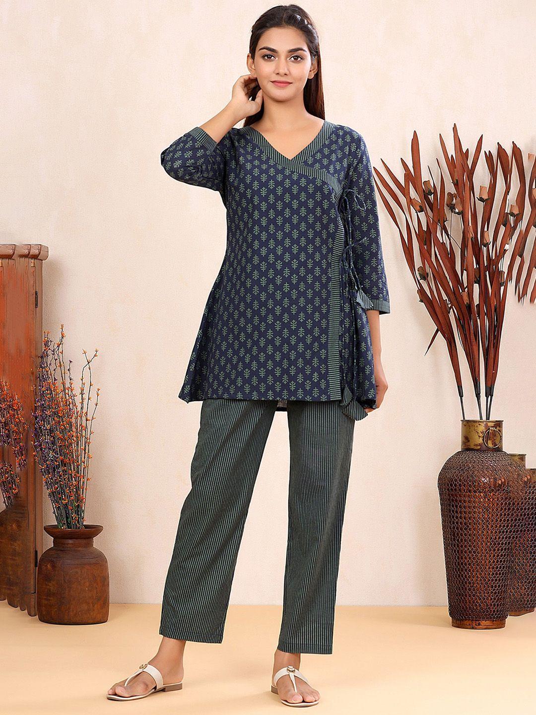 mirari ethnic printed pure cotton angrakha style tunic with trousers