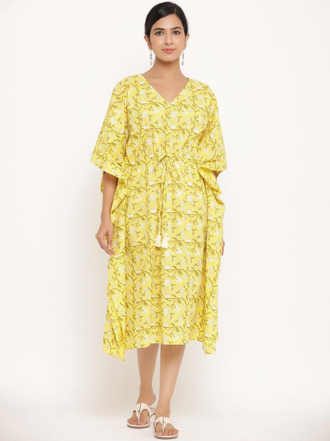 mirari floral printed cotton kaftan midi dress