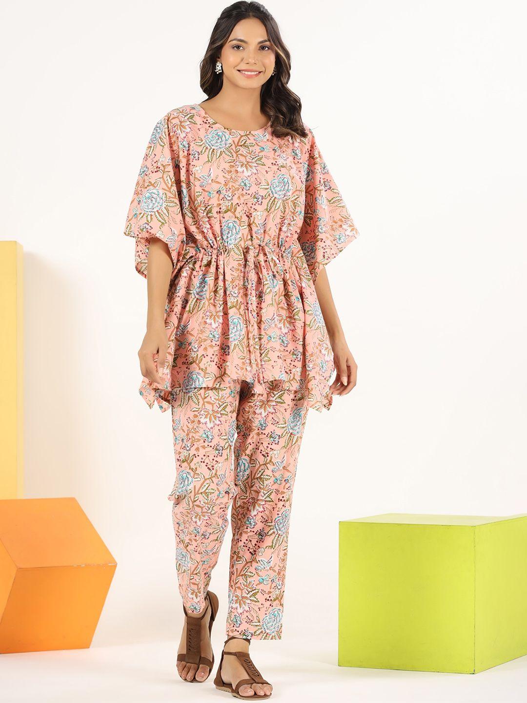 mirari floral printed cotton kaftan top & pyjama