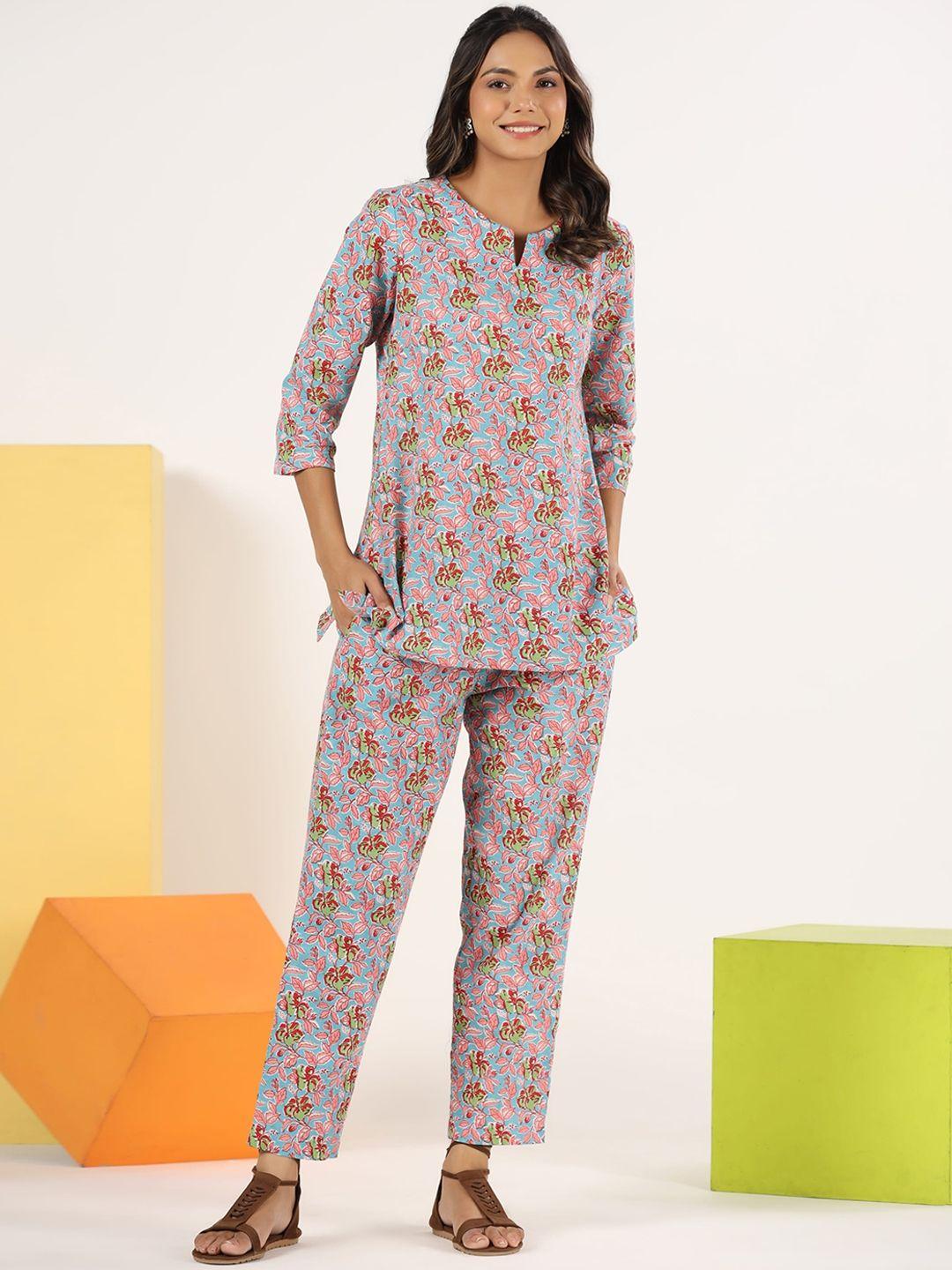 mirari floral printed pure cotton kurti & pyjamas co-ords set