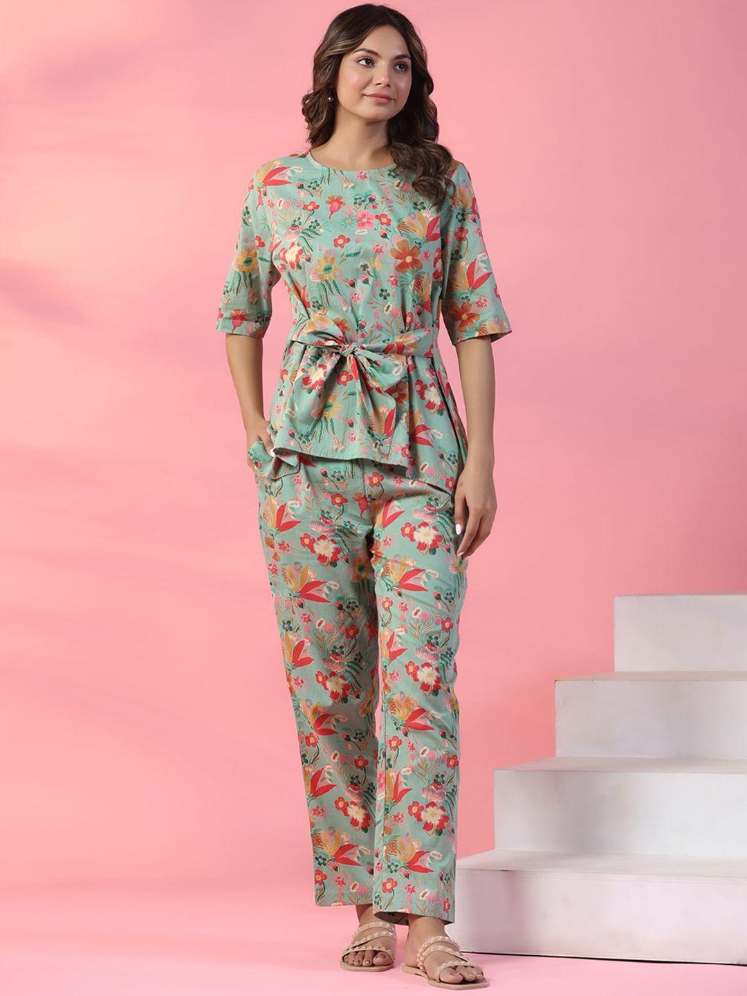 mirari floral printed pure cotton top & trousers