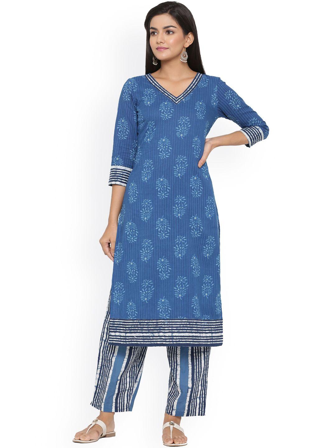 mirari floral printed v-neck pure cotton kurta with trousers