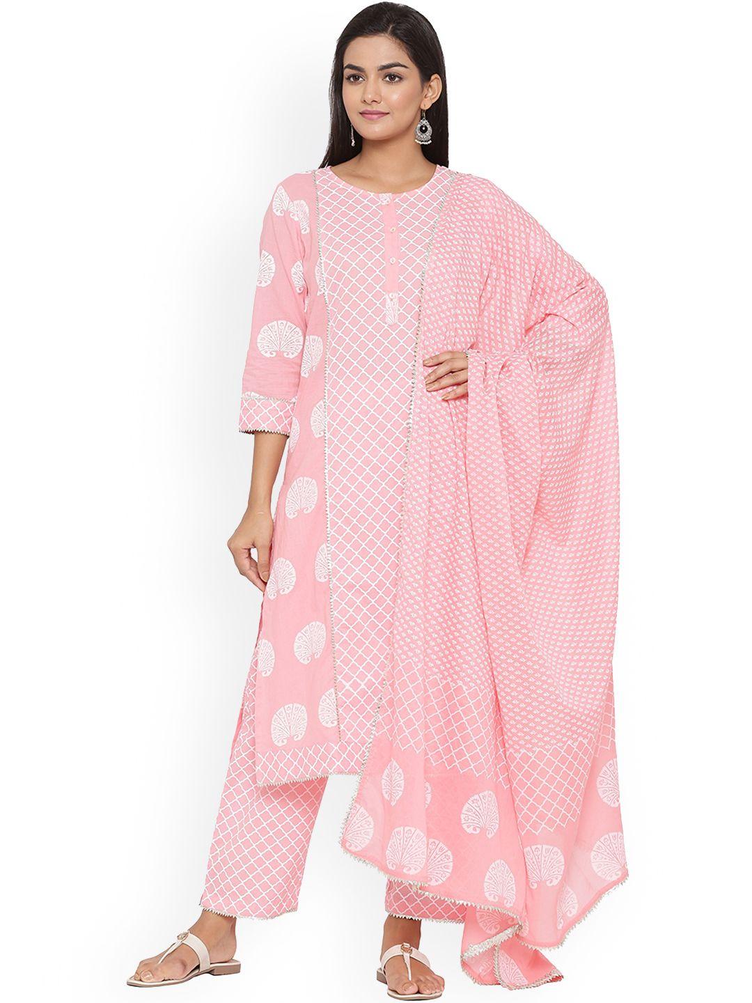 mirari pink printed pure cotton kurta with trousers & with dupatta