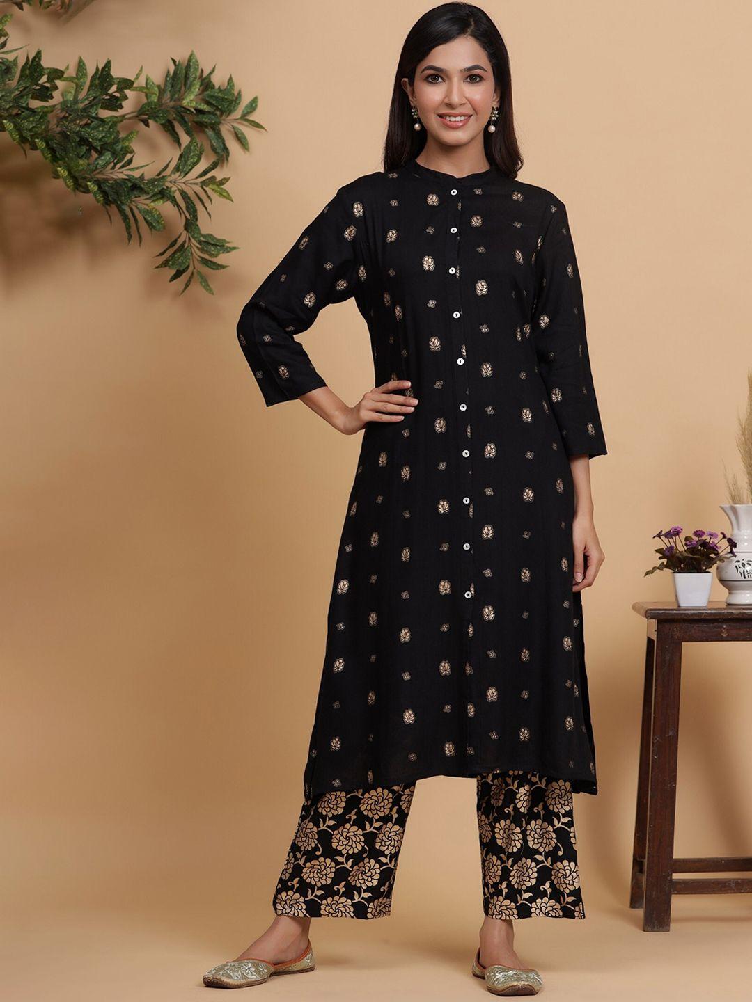 mirari women black ethnic motifs printed kurta with trousers