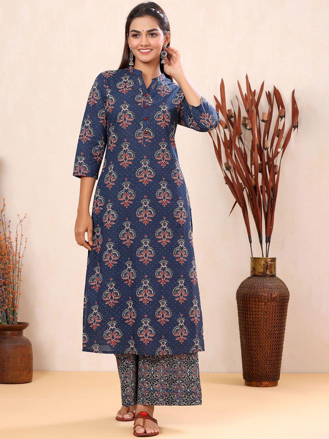 mirari women blue ethnic motifs printed pure cotton kurta with palazzos
