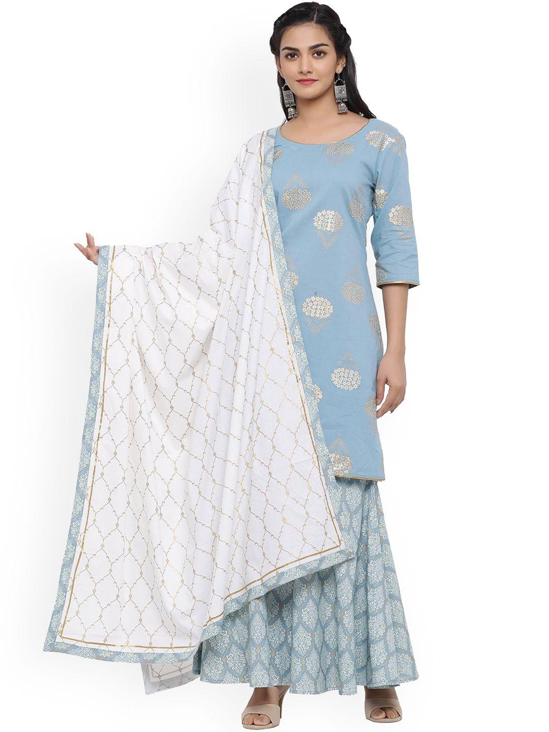 mirari women blue ethnic motifs printed pure cotton kurti with skirt & with dupatta