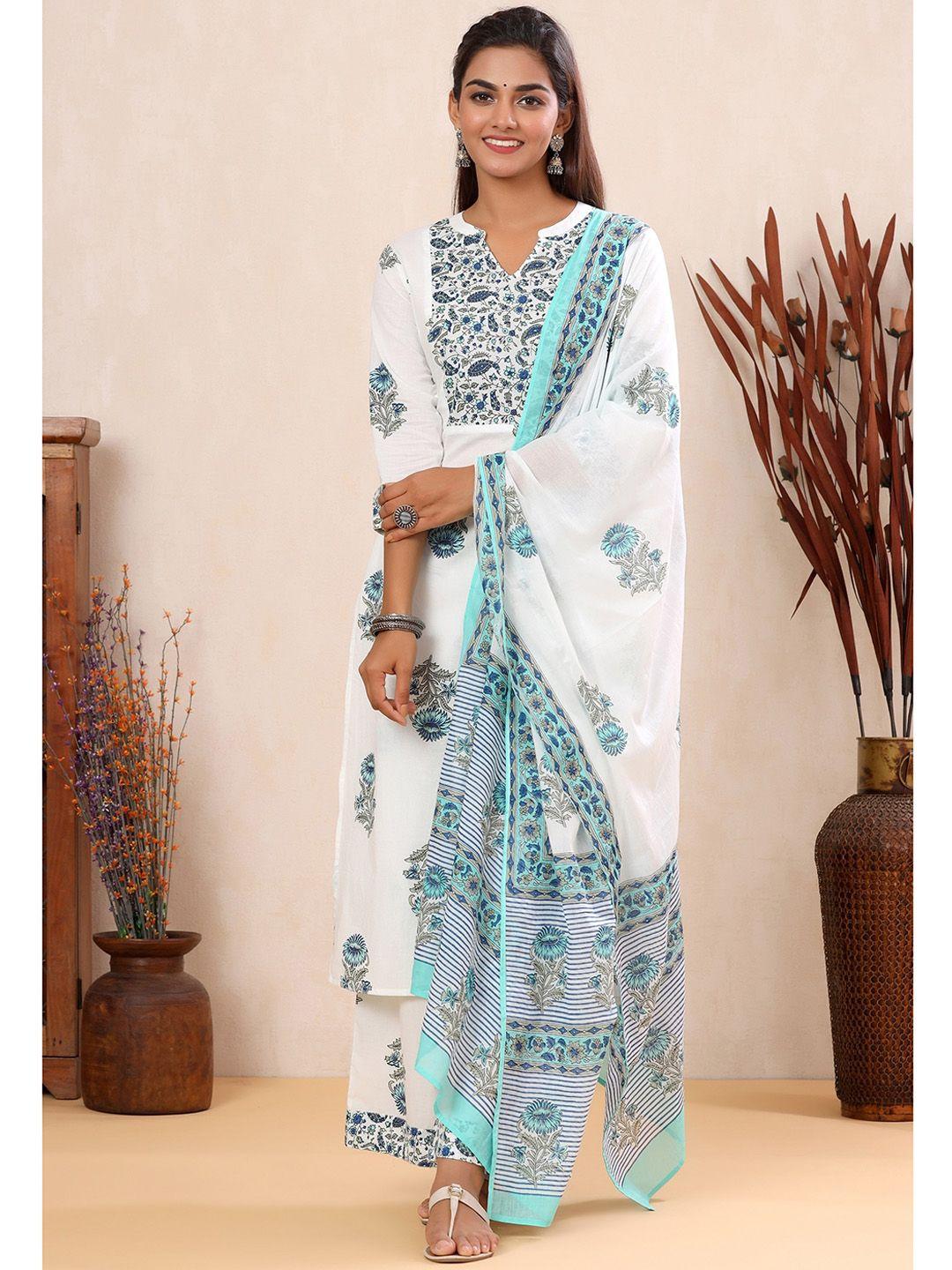 mirari women blue floral printed pure cotton straight kurta with palazzos & with dupatta