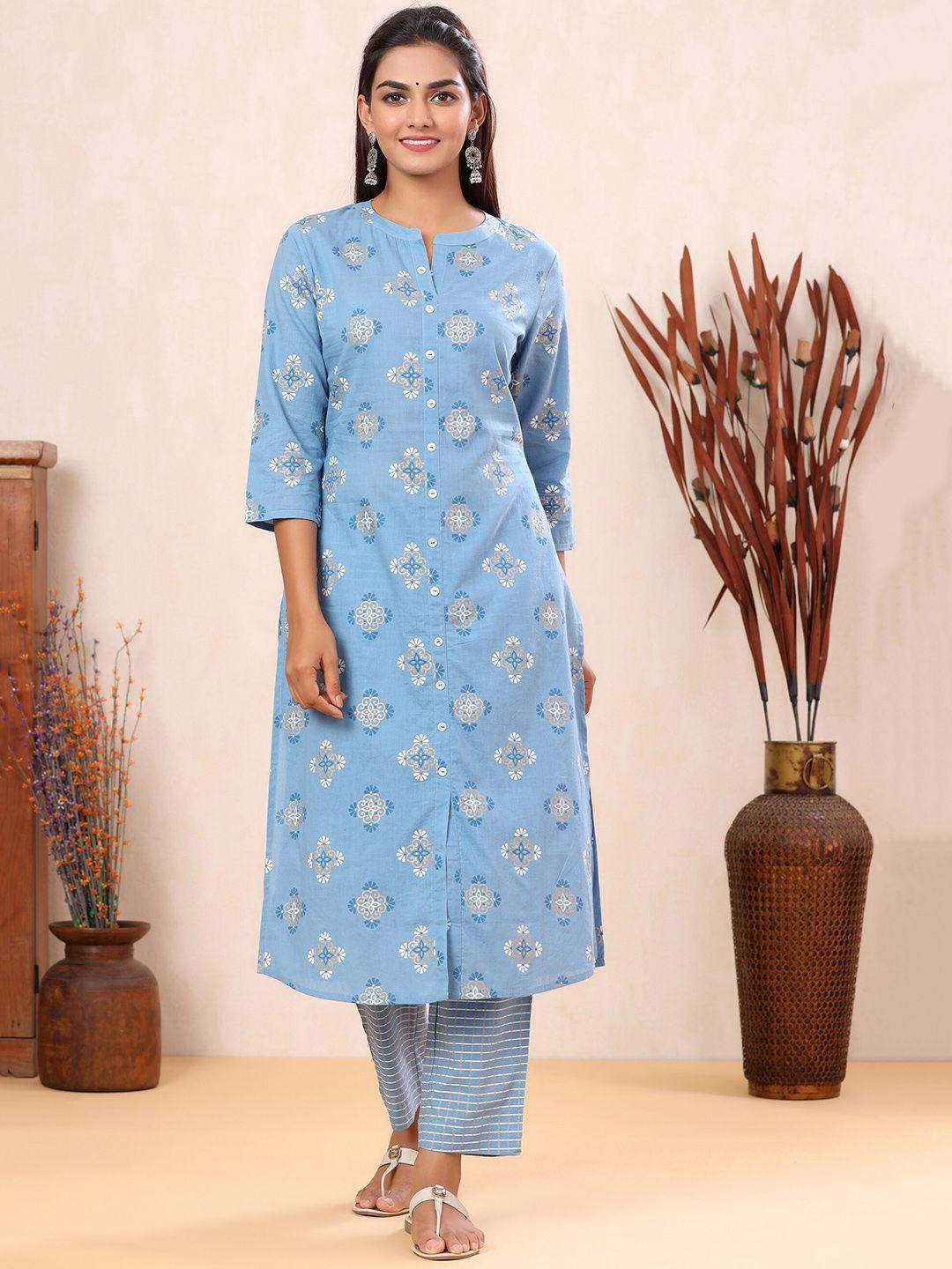 mirari women blue floral printed regular pure cotton kurta with pyjamas