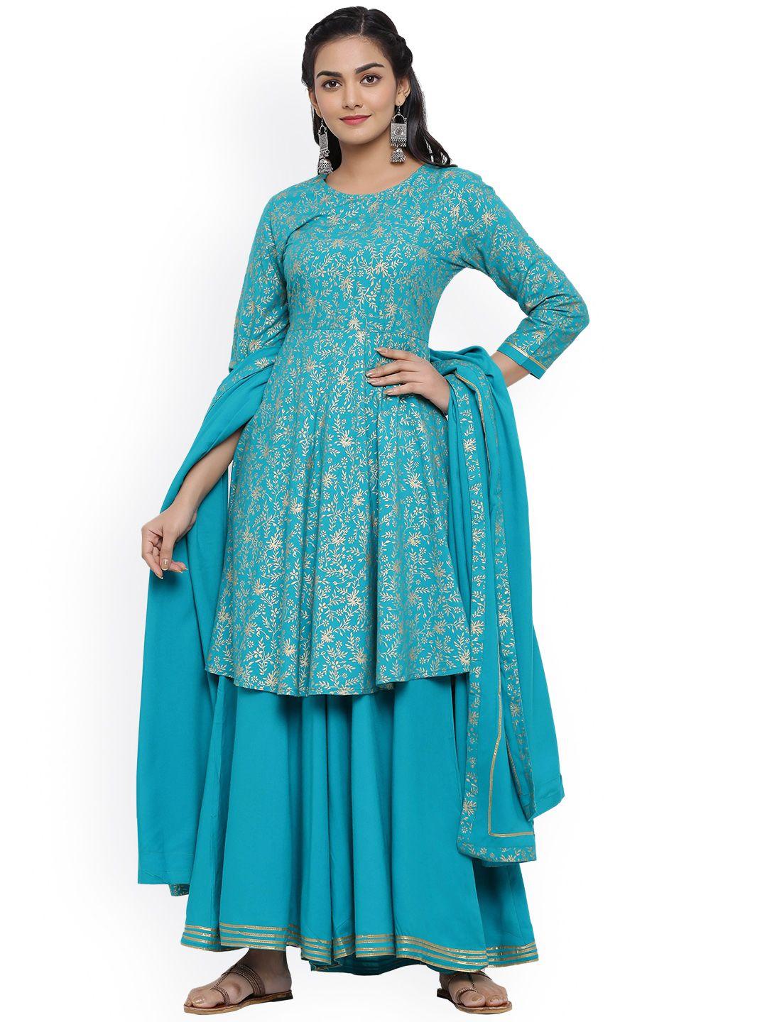 mirari women blue printed pleated kurti with palazzos & with dupatta