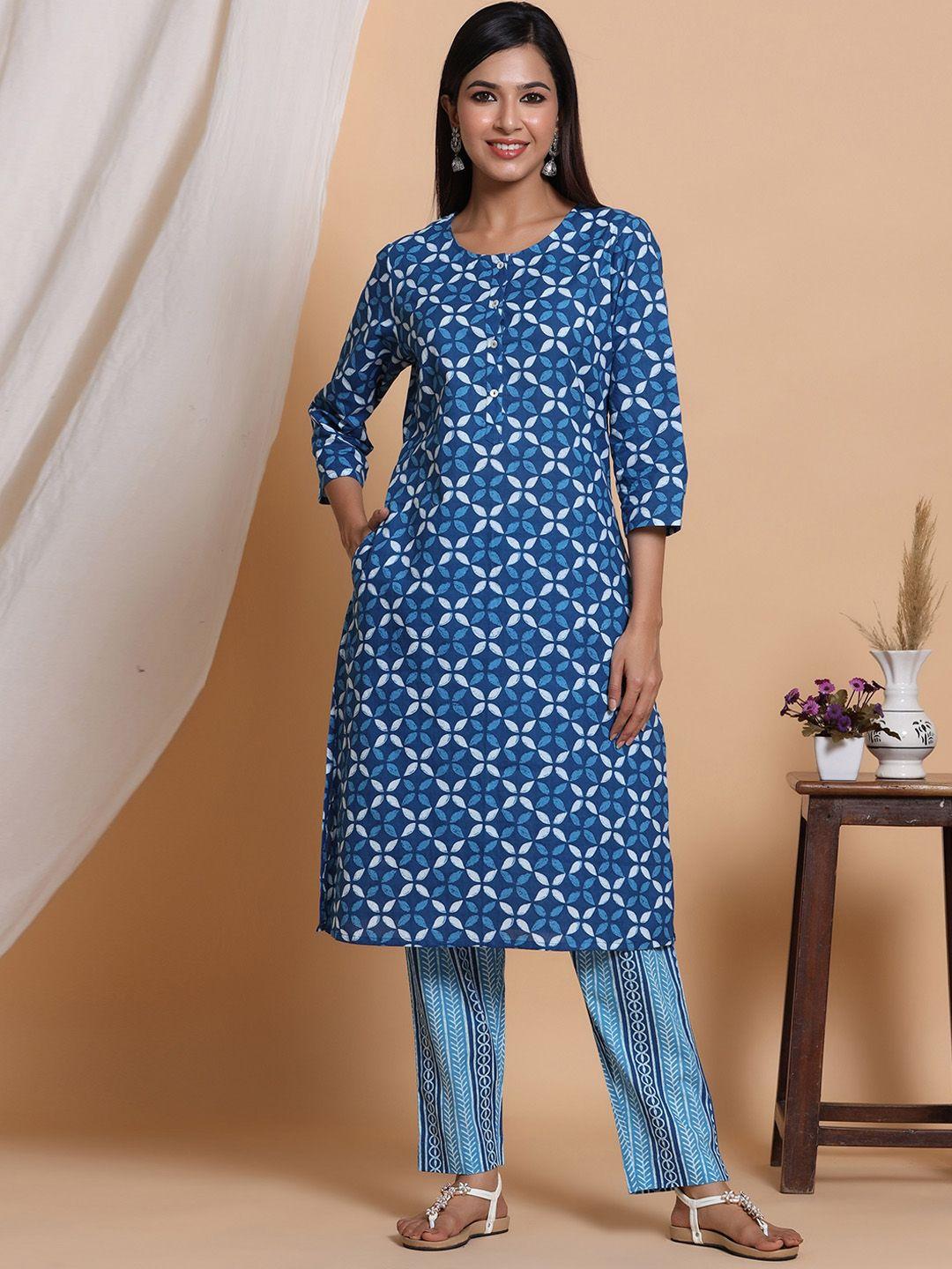 mirari women blue printed regular pure cotton kurta with pyjamas