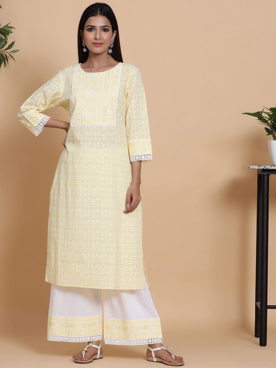 mirari women cream-coloured printed pure cotton kurta with palazzo set