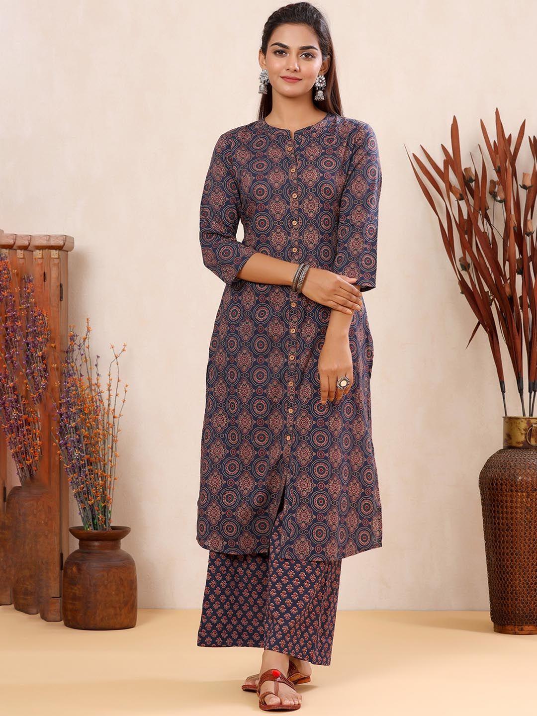 mirari women ethnic motifs printed pure cotton kurta with palazzos