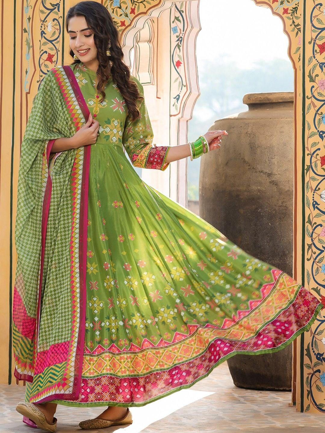 mirari women green ethnic motifs printed flared sleeves handloom anarkali kurta