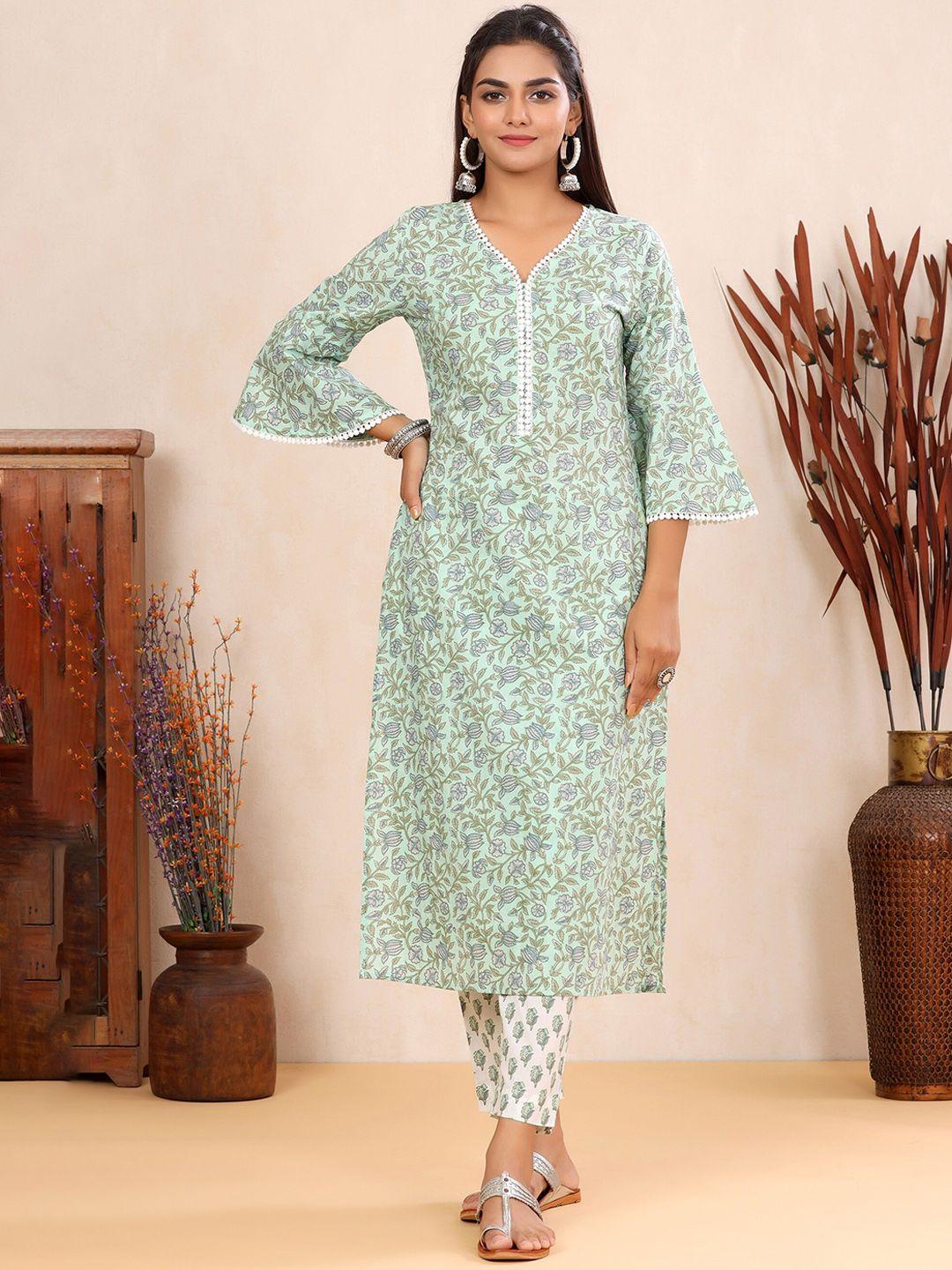 mirari women green ethnic motifs printed regular pure cotton kurta with palazzos