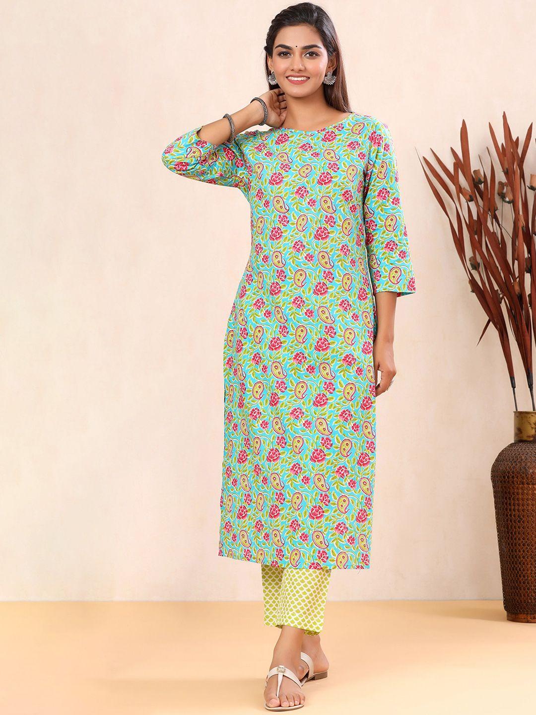 mirari women green floral printed regular pure cotton kurta with pyjamas